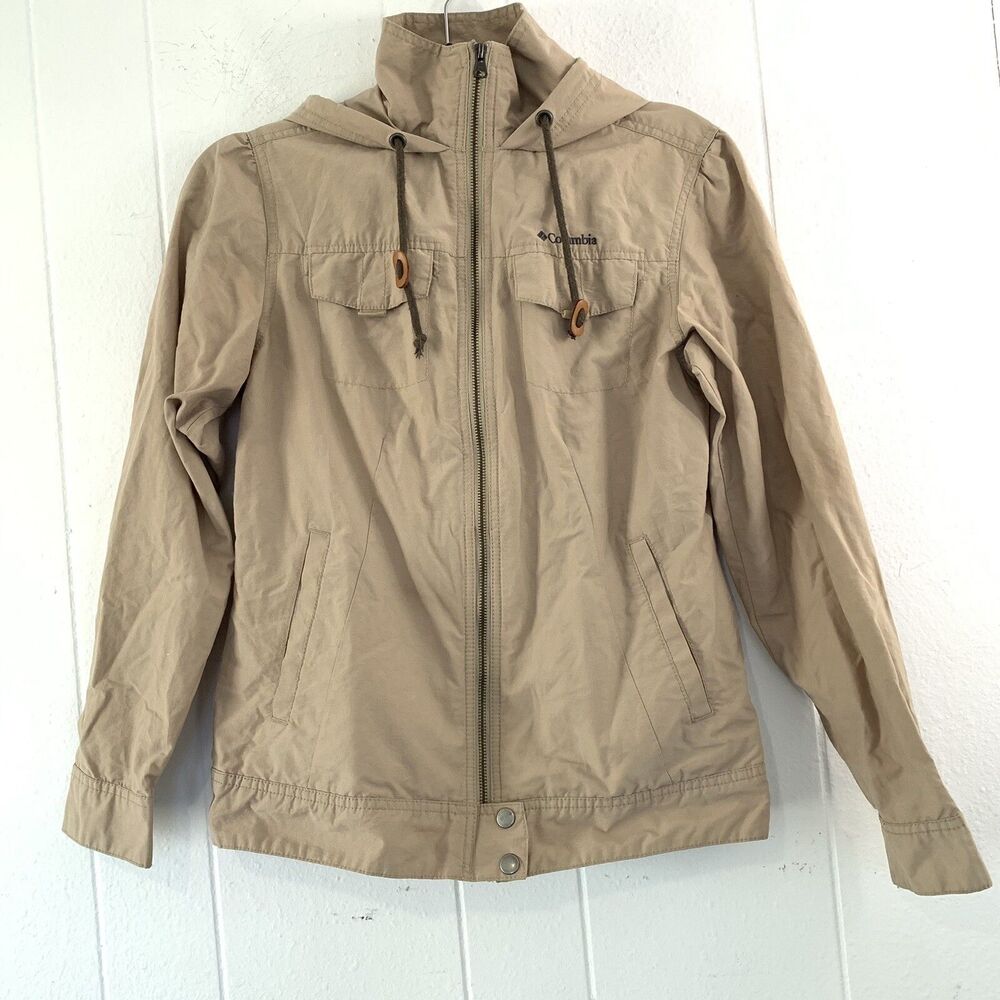 Columbia Womens Small Jacket Safari Khaki‎ Tan Zip Hood Utility Pockets